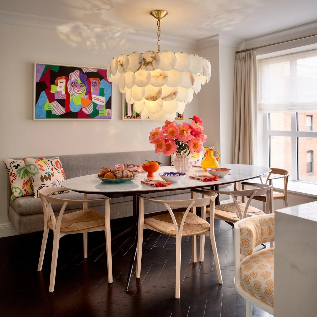 Tiered Disc Chandelier in alabaster for Dining Room by AUVIELIGHT