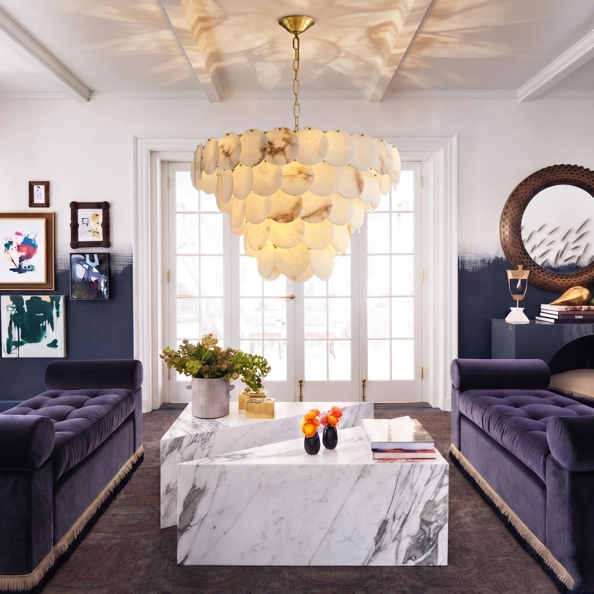 Tiered Disc Chandelier in alabaster for Dining Room by AUVIELIGHT
