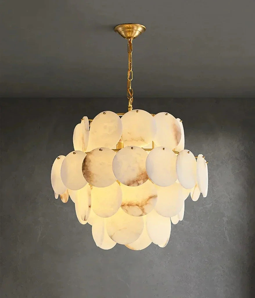 Tiered Disc Chandelier in alabaster for Dining Room by AUVIELIGHT, 4 Layers Dia 60cm x H 75cm / ∅ 23.6″ x H 29.5″ / Brass & White