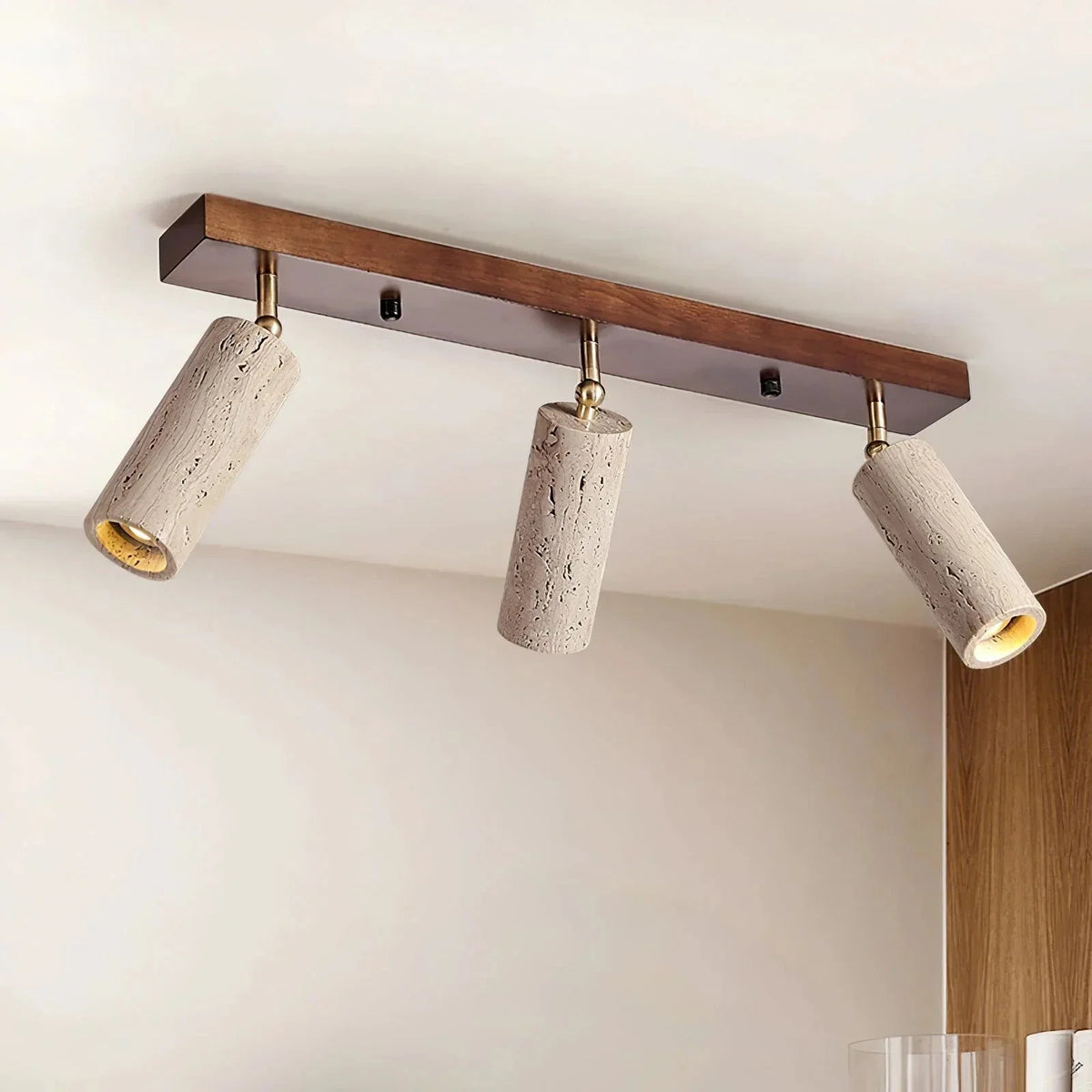 Modern Ceiling Light in travertine for Living Room by AUVIELIGHT, 3 Heads Size: L 60cm x H 15cm / L 23.6″ x H 6.3″ / Walnut Color & Yellow