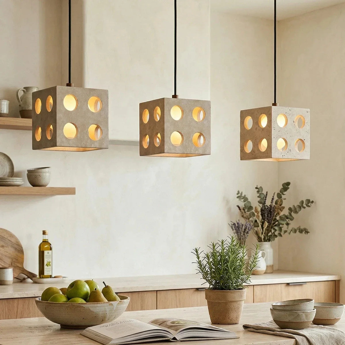 Cube Pendant Light in travertine for Kitchen Island by AUVIELIGHT