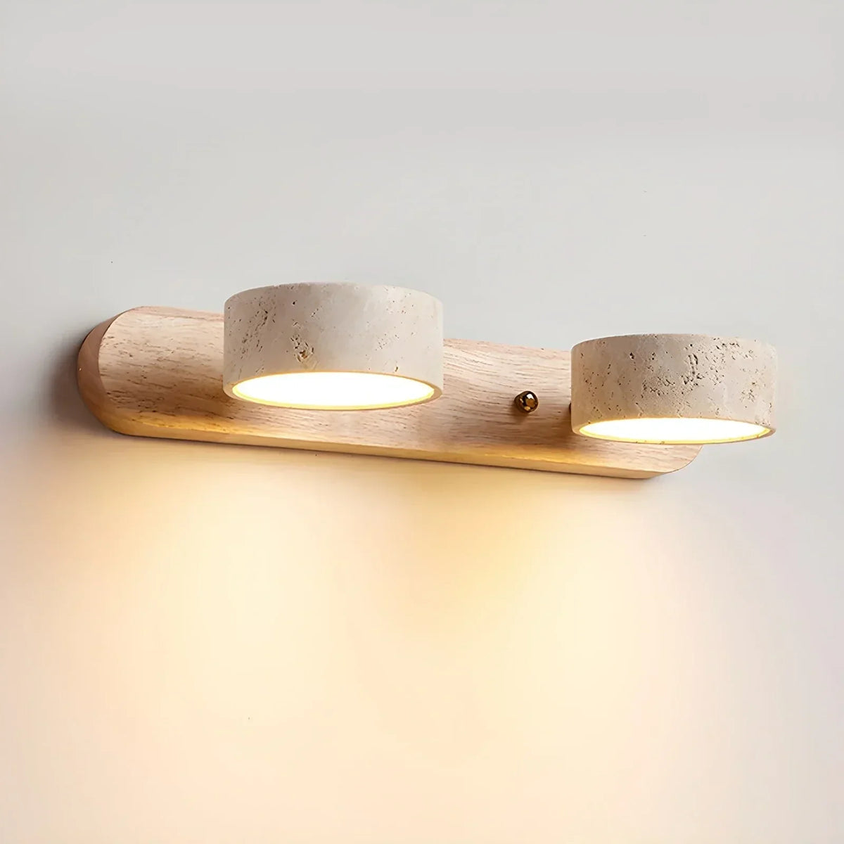 Duo Wall Light in travertine for Hallway by AUVIELIGHT, ∅ 12.6″ x H 2.4″ / Dia 32cm x H 6cm / Wood Color & Yellow Travertine / Warm Light