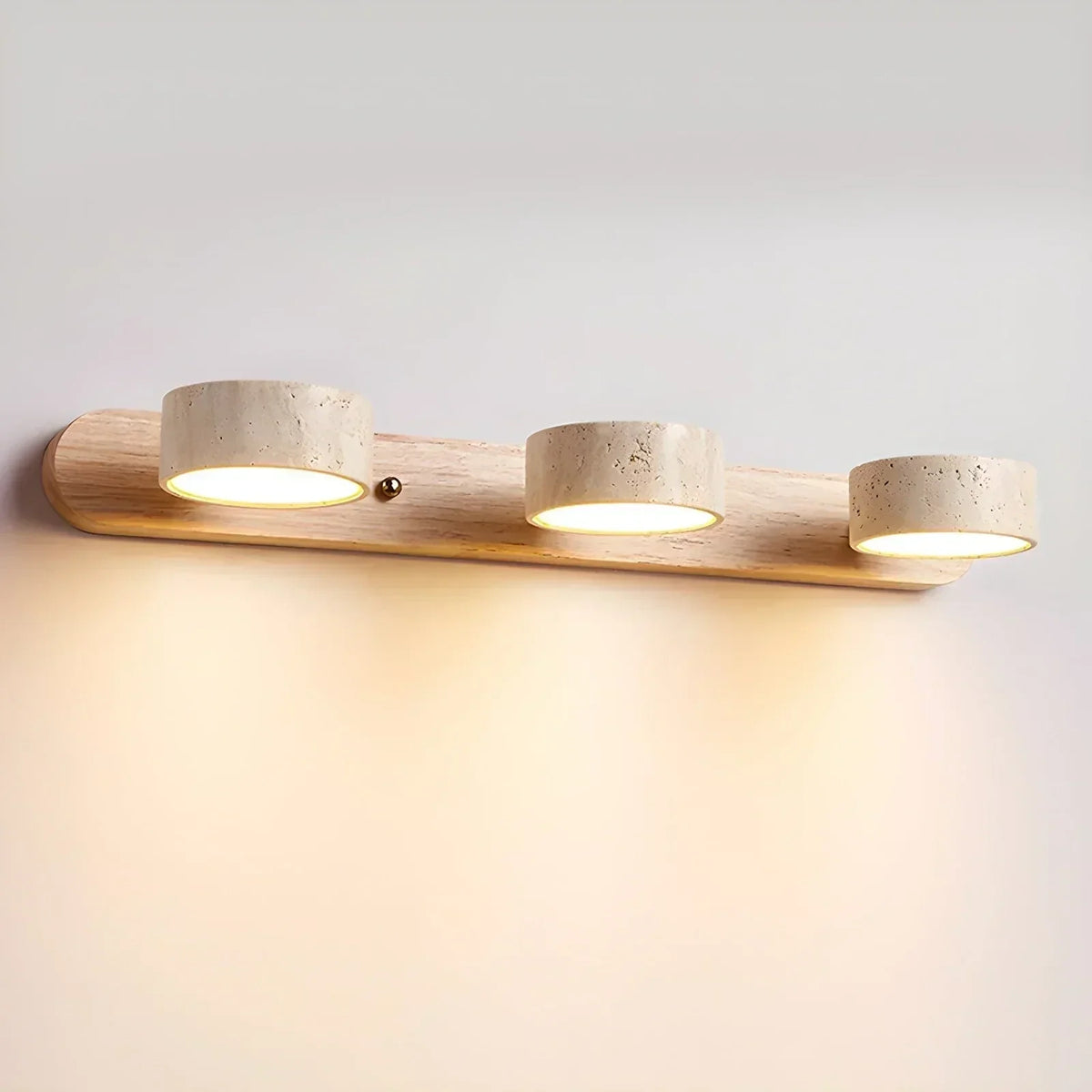 Duo Wall Light in travertine for Hallway by AUVIELIGHT, ∅ 20.1″ x H 2.4″ / Dia 51cm x H 6cm / Wood Color & Yellow Travertine / Warm Light