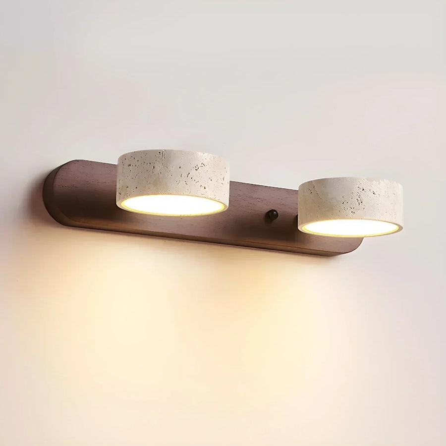 Duo Wall Light in travertine for Hallway by AUVIELIGHT, ∅ 12.6″ x H 2.4″ / Dia 32cm x H 6cm / Walnut Color & Yellow Travertine / Warm Light