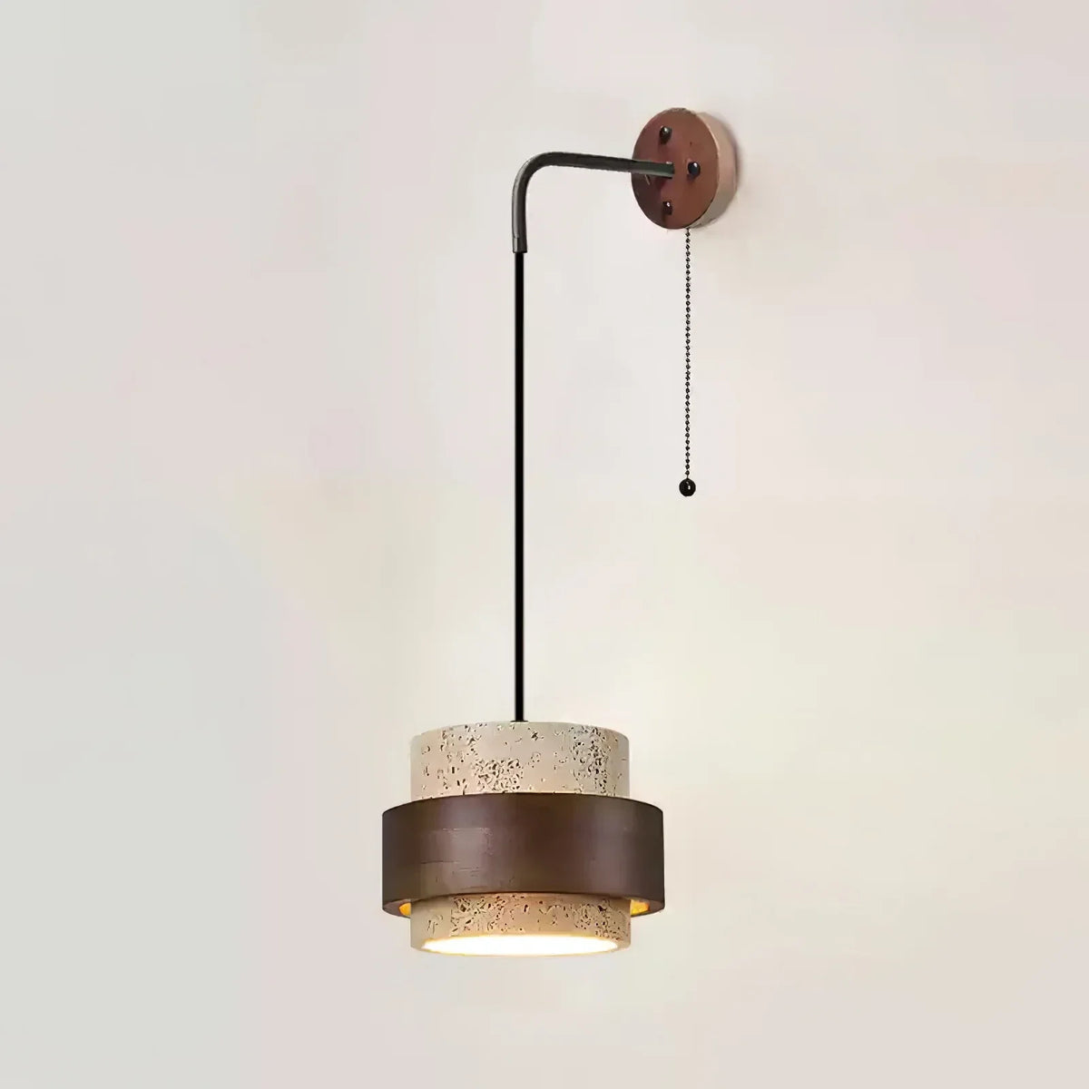 Modern Wall Sconce in travertine for Hallway by AUVIELIGHT, ∅ 6.7" xH4.9" (Pull chain switch) / Dark walnut & Yellow Travertine