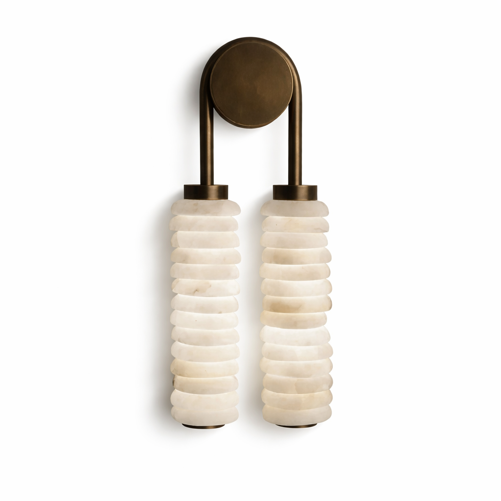 Twin Wall Sconce in alabaster for Hallway by AUVIELIGHT, ∅ 8.3" x H 19.7" / Bronze & White / Warm Light