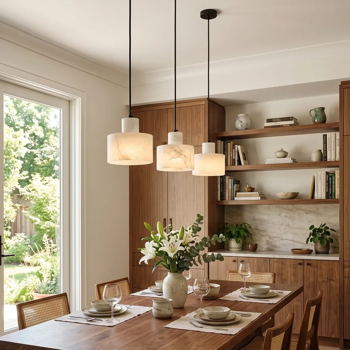 Two-Tier Drum Pendant Light in alabaster for Kitchen Island by AUVIELIGHT