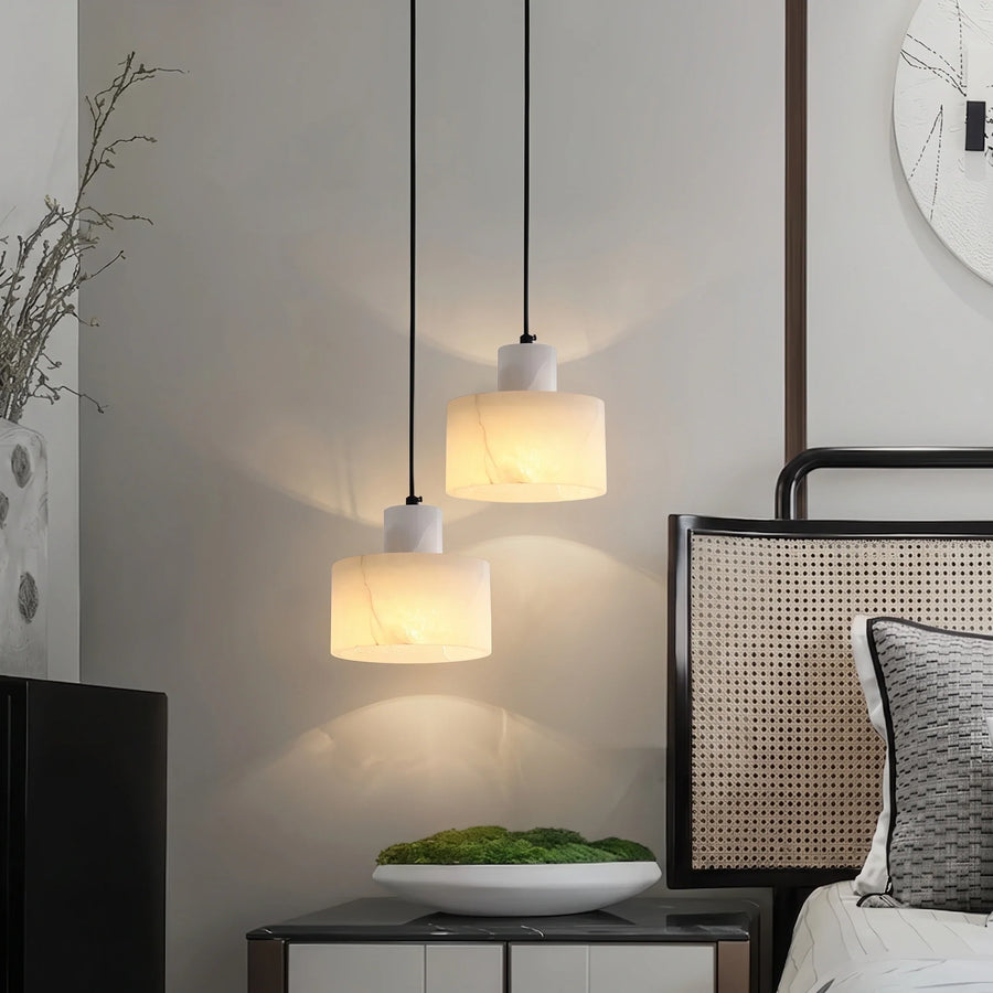 Two-Tier Drum Pendant Light in alabaster for Kitchen Island by AUVIELIGHT
