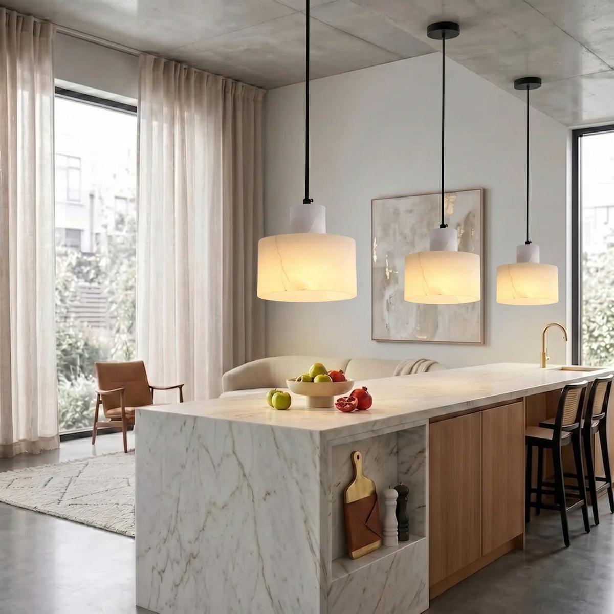 Two-Tier Drum Pendant Light in alabaster for Kitchen Island by AUVIELIGHT