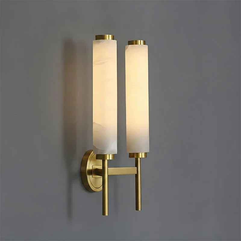 Vertical Wall Light in alabaster for Hallway by AUVIELIGHT, 2 heads D 24.5cm x H 47cm / ∅ 9.6″ x H 18.5″ / Brass＆White