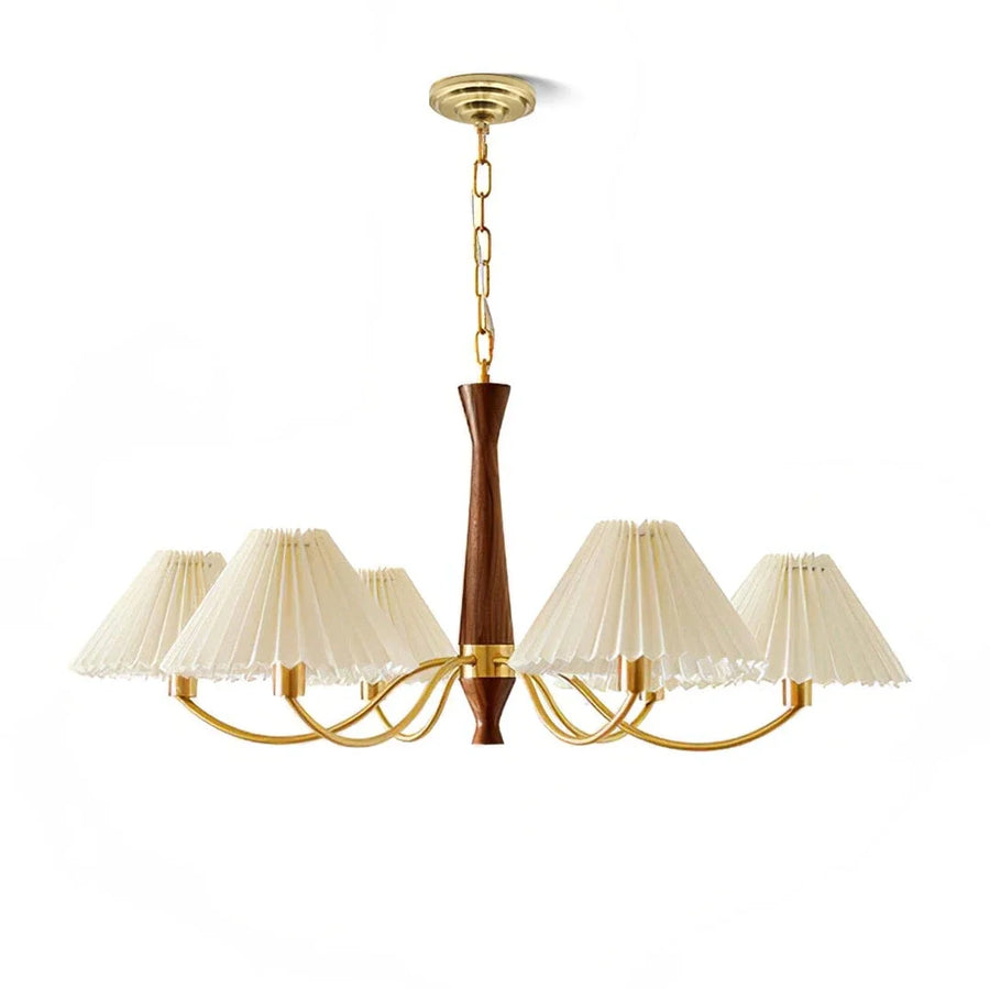 Pleated Chandelier in walnut for Dining Room by AUVIELIGHT, 6 heads ∅ 37.4" x H 16.9" /Dia 95cm x H 43cm / Walnut & Beige & Gold