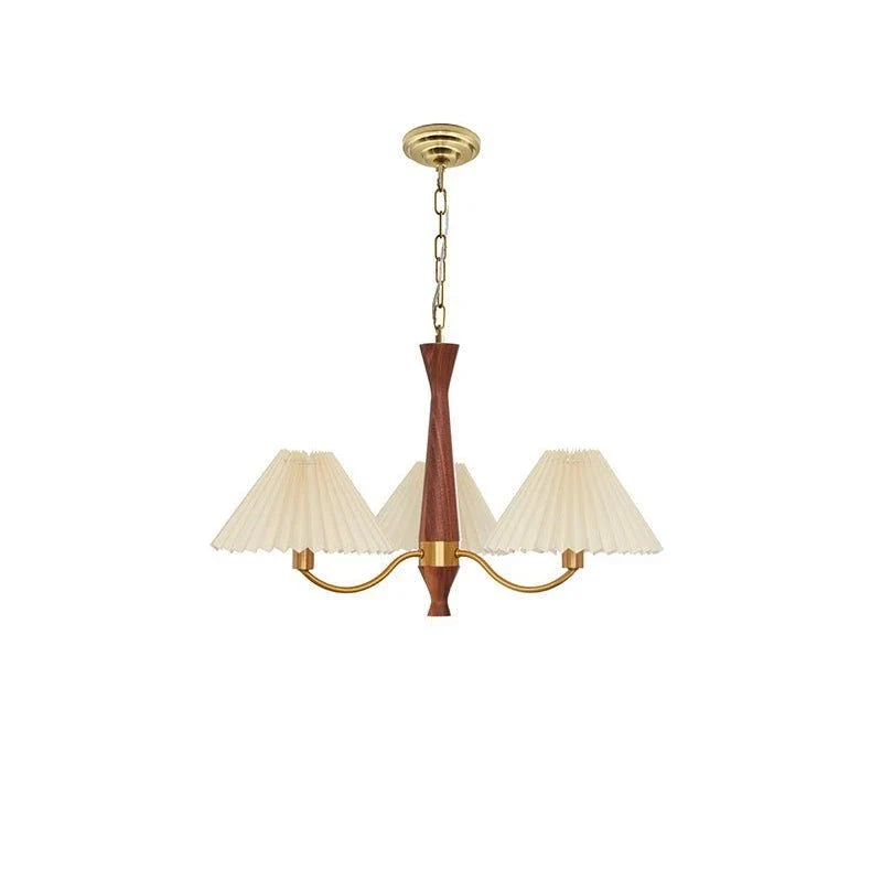 Pleated Chandelier in walnut for Dining Room by AUVIELIGHT, 3 heads ∅ 27.6" x H 16.9" /Dia 70cm x H 43cm / Walnut & Beige & Gold