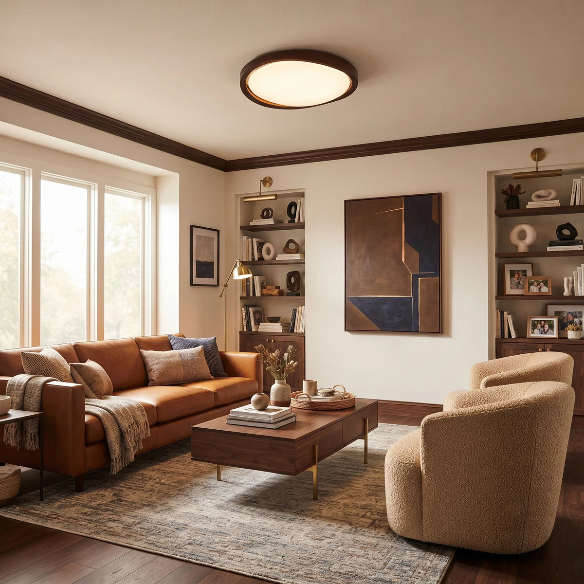 Curved Flush Mount in walnut for Low Ceilings by AUVIELIGHT
