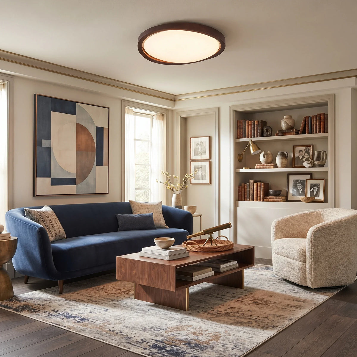Curved Flush Mount in walnut for Low Ceilings by AUVIELIGHT