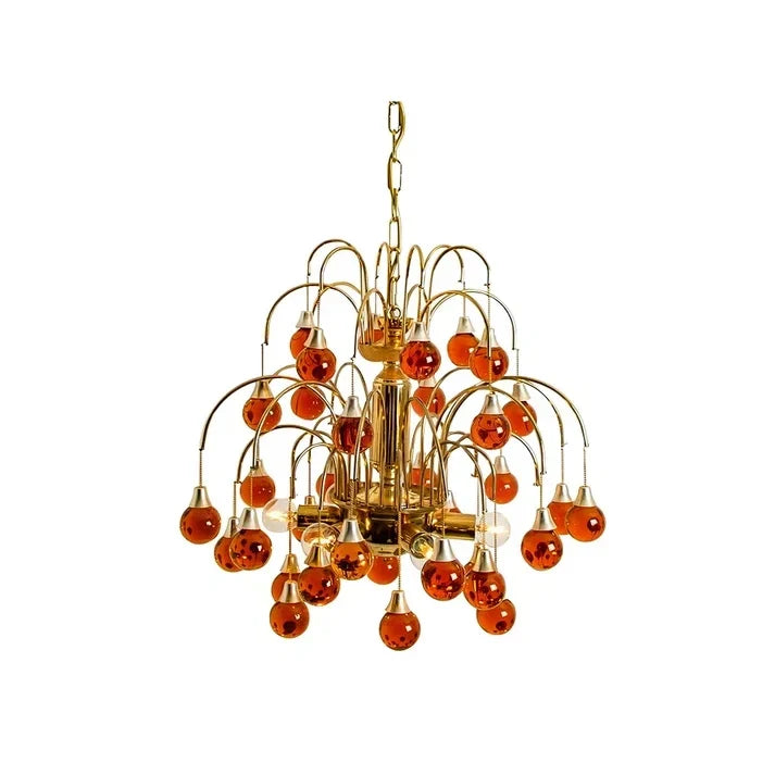 Waterfall Globe Chandelier in glass for Dining Room by AUVIELIGHT, 6 heads D 60cm x H 60cm / ∅ 23.6″ x H 23.6″ / Copper & Red