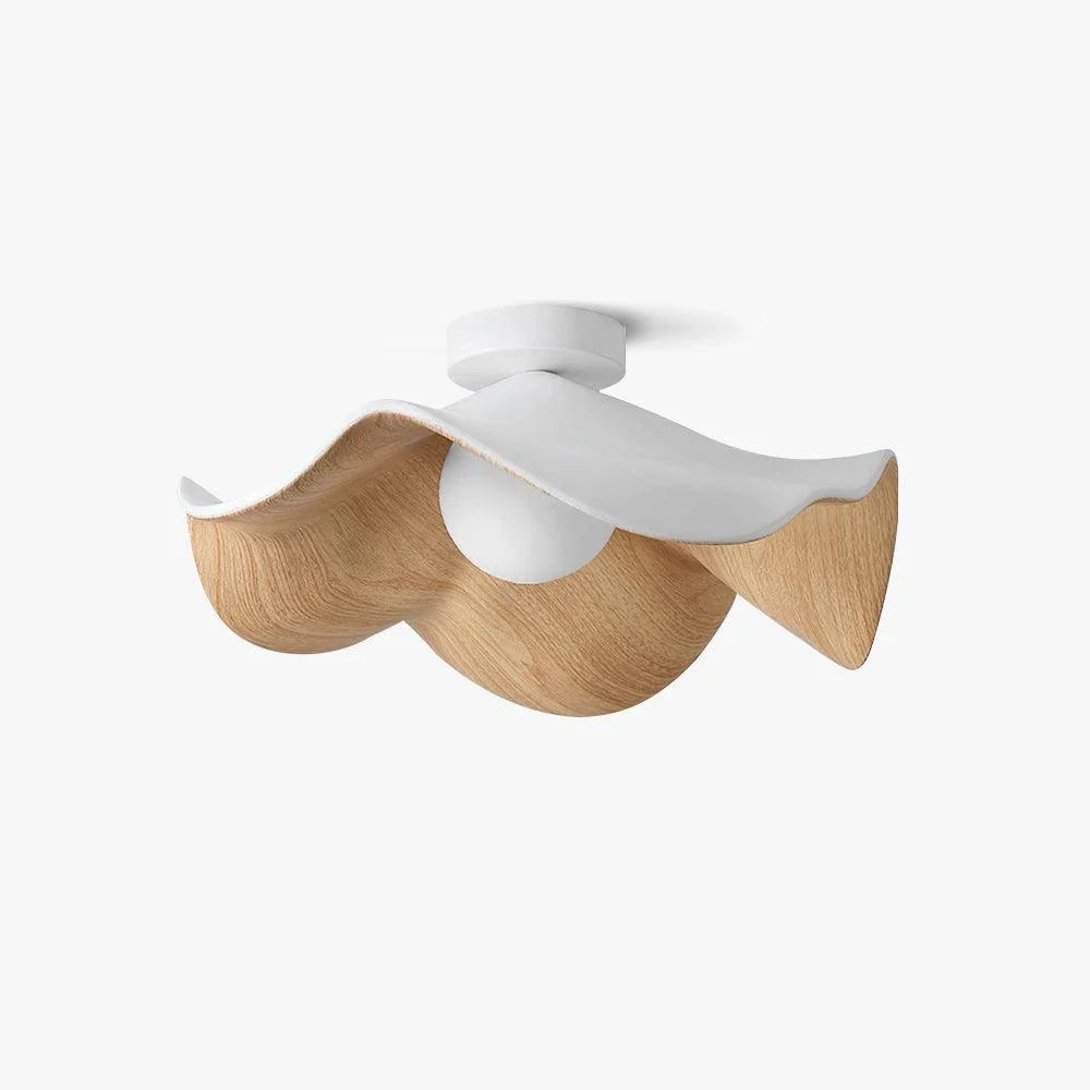 Wavy Lotus Flush Mount for Low Ceilings by AUVIELIGHT, ∅ 11" x H 3.9" / Dia 28cm x H10cm / White & Wood color