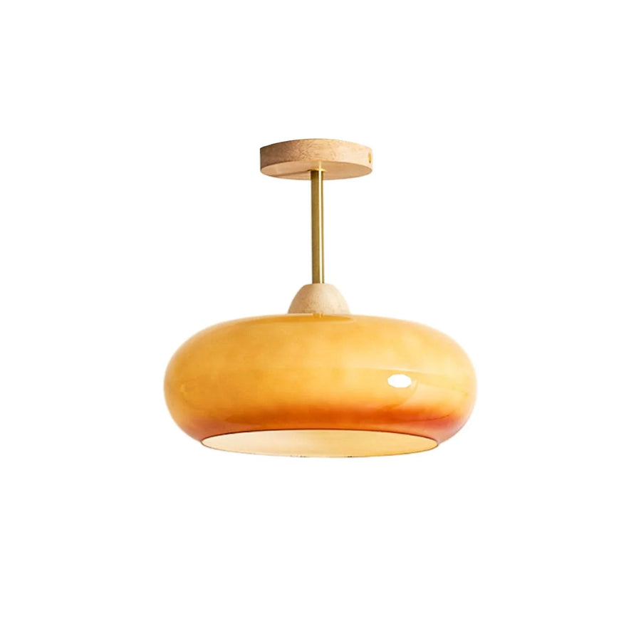 Disc Flush Mount in glass for Low Ceilings by AUVIELIGHT, ∅ 11" x H 11" / Dia 28cm x H 28cm / Natural wood color & Orange