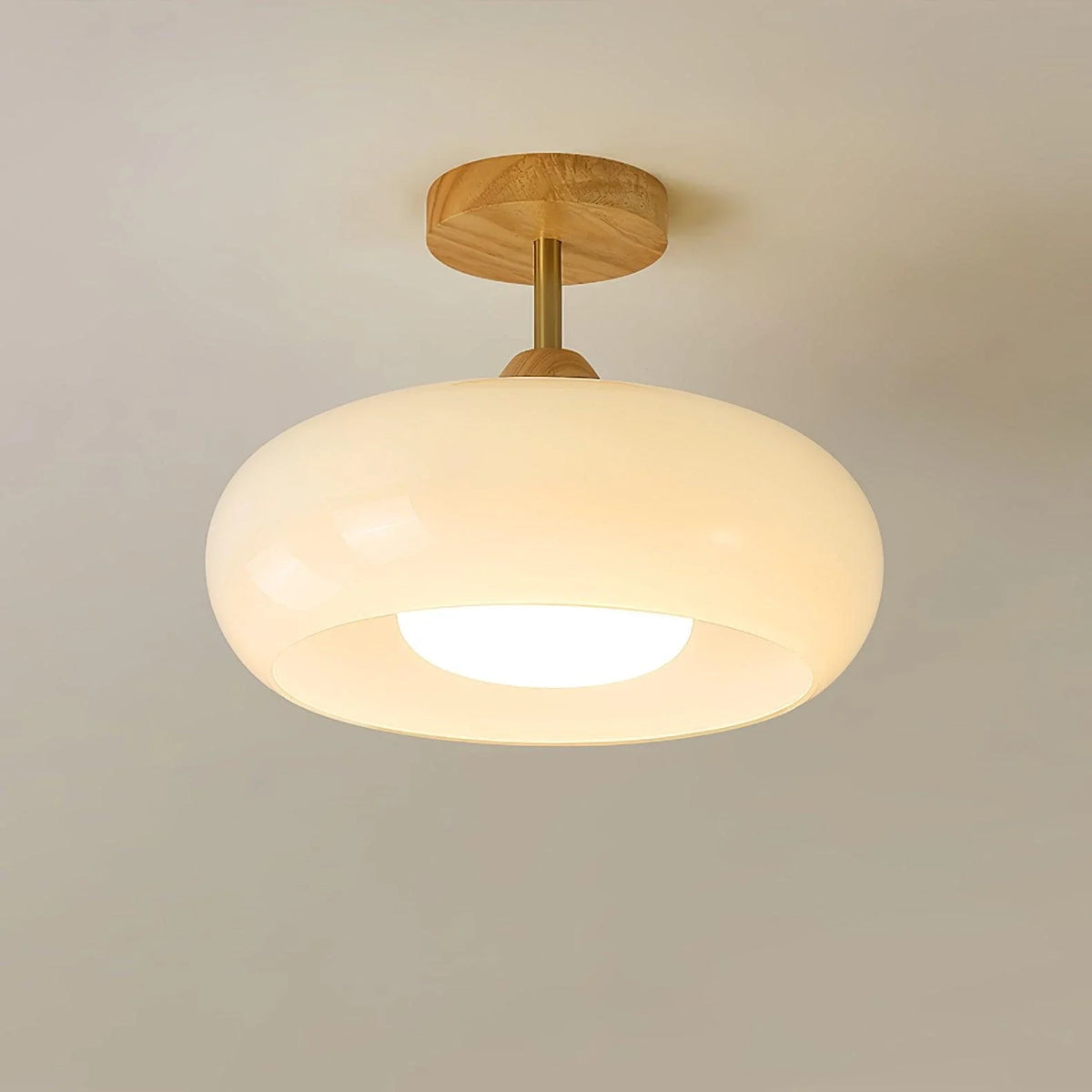 Disc Flush Mount in glass for Low Ceilings by AUVIELIGHT, ∅ 11" x H 11" / Dia 28cm x H 28cm / Natural wood color & White