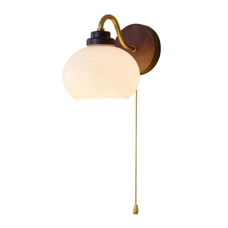 Globe Wall Sconce in glass for Hallway by AUVIELIGHT, Model B ∅ 7.1" x W 11.0" x H 8.7" / Walnut wood color & Gold & White
