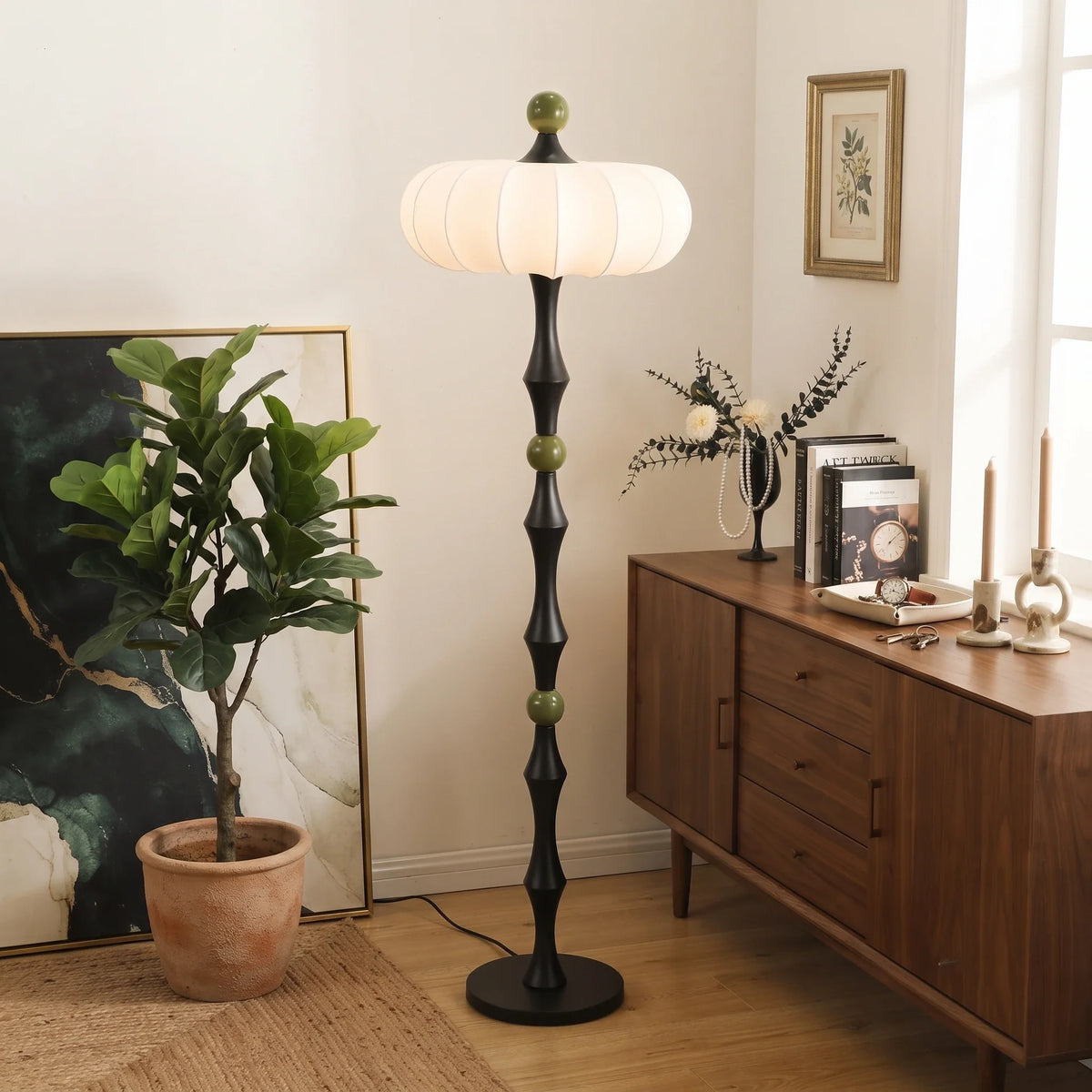 Silk Pumpkin Floor Lamp in wood for Living Room by AUVIELIGHT