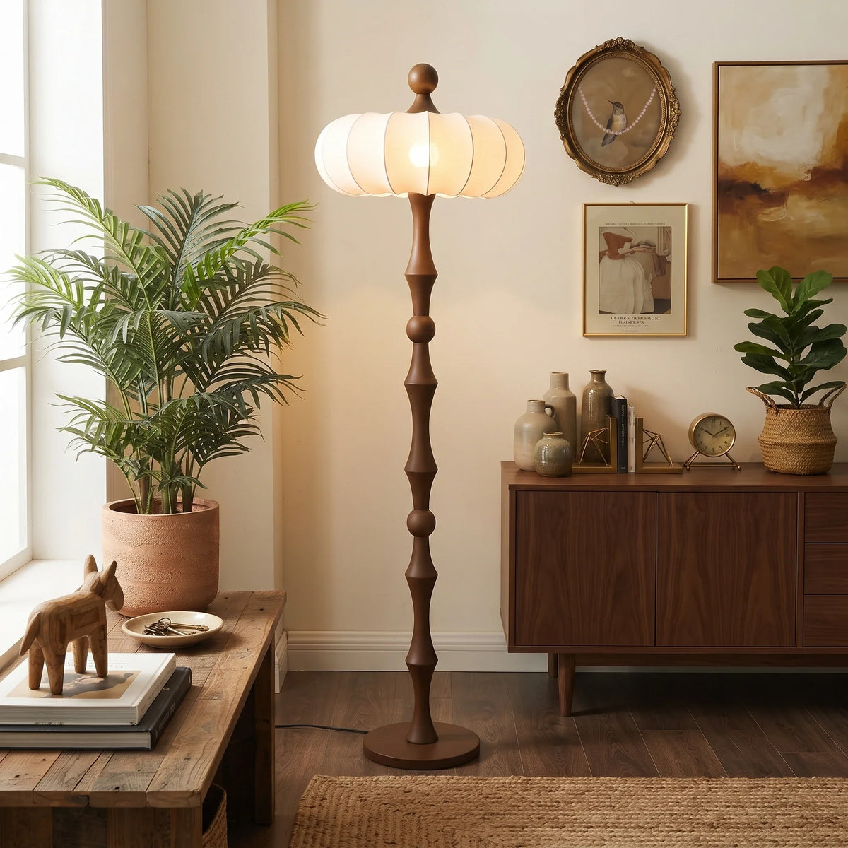 Silk Pumpkin Floor Lamp in wood for Living Room by AUVIELIGHT