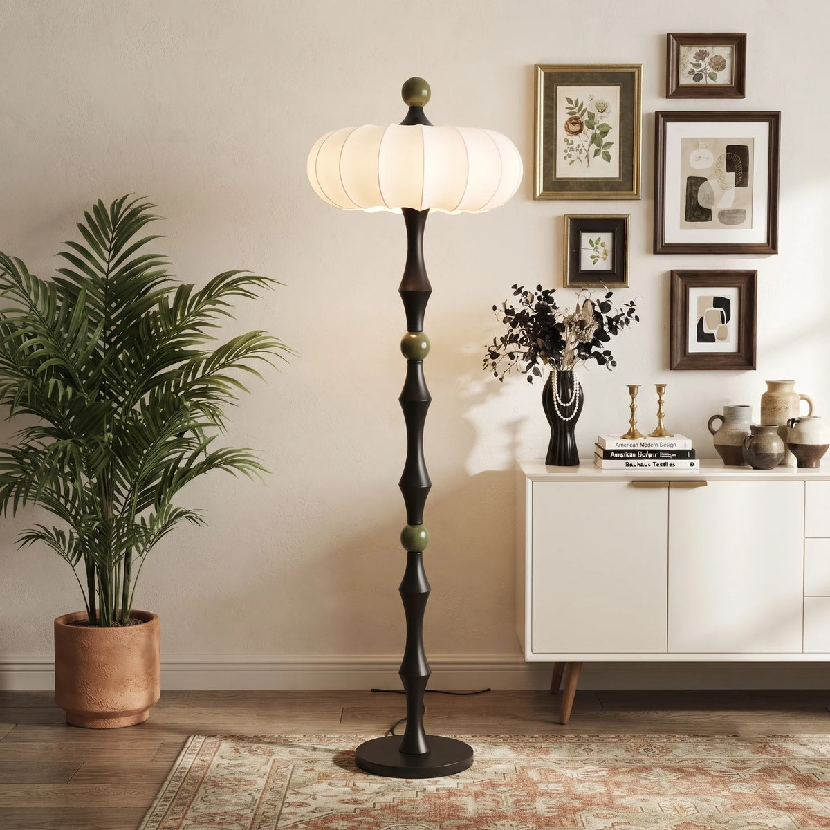 Silk Pumpkin Floor Lamp in wood for Living Room by AUVIELIGHT