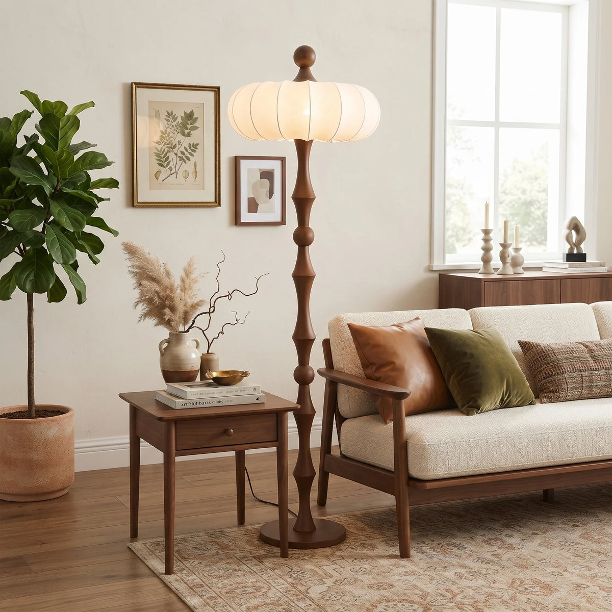 Silk Pumpkin Floor Lamp in wood for Living Room by AUVIELIGHT