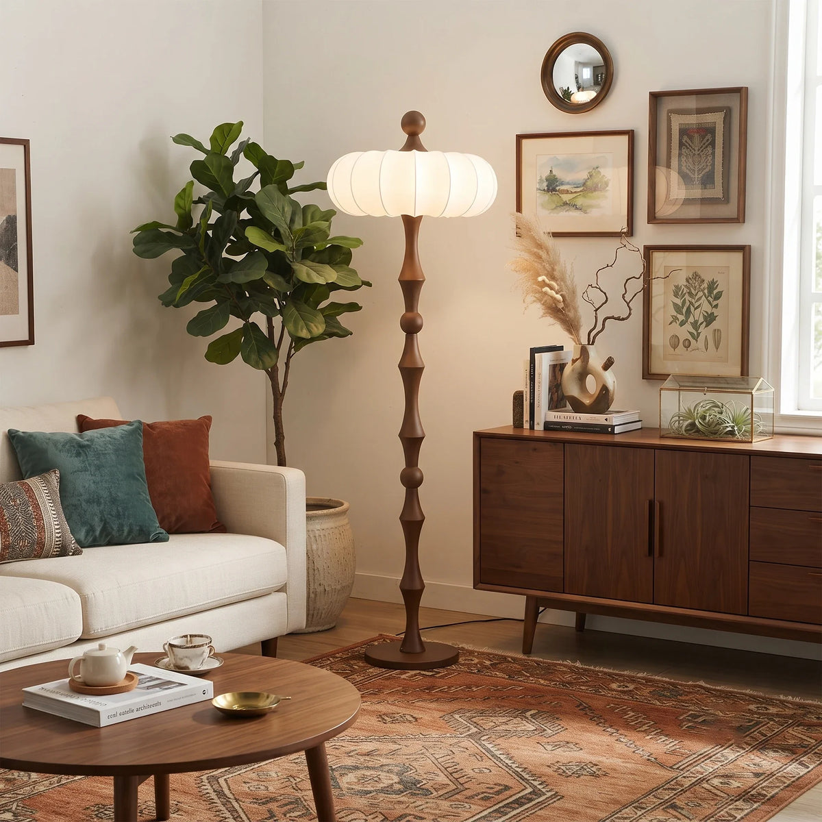 Silk Pumpkin Floor Lamp in wood for Living Room by AUVIELIGHT