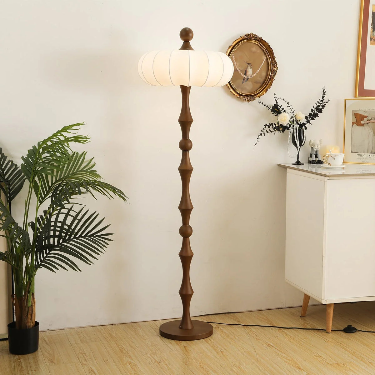 Silk Pumpkin Floor Lamp in wood for Living Room by AUVIELIGHT