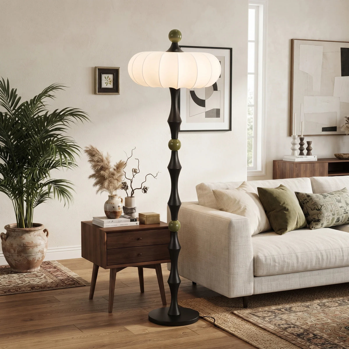 Silk Pumpkin Floor Lamp in wood for Living Room by AUVIELIGHT