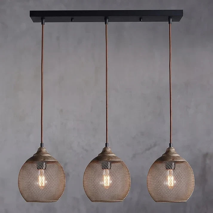 Woven Wire Globe Pendant Light for Kitchen Island by AUVIELIGHT, 3 heads D 80cm x H 21cm / ∅ 31.5″ x H 8.3″ / Rustic Industrial Finish