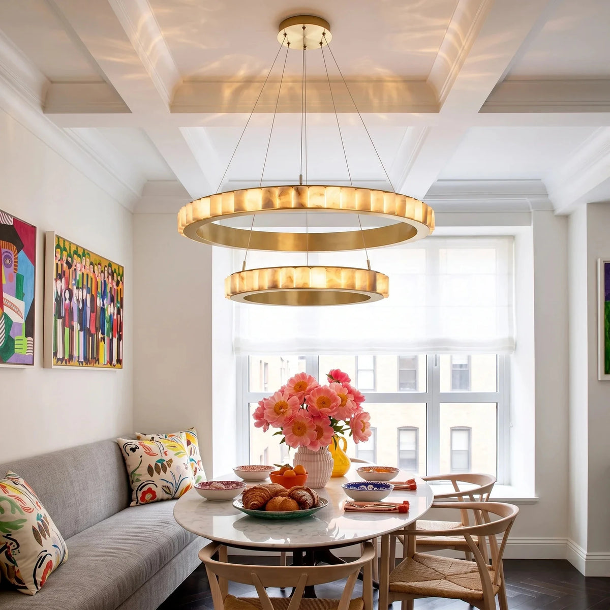 2-Tier Floating Chandelier in alabaster for Dining Room by AUVIELIGHT