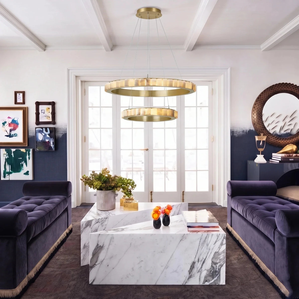 2-Tier Floating Chandelier in alabaster for Dining Room by AUVIELIGHT