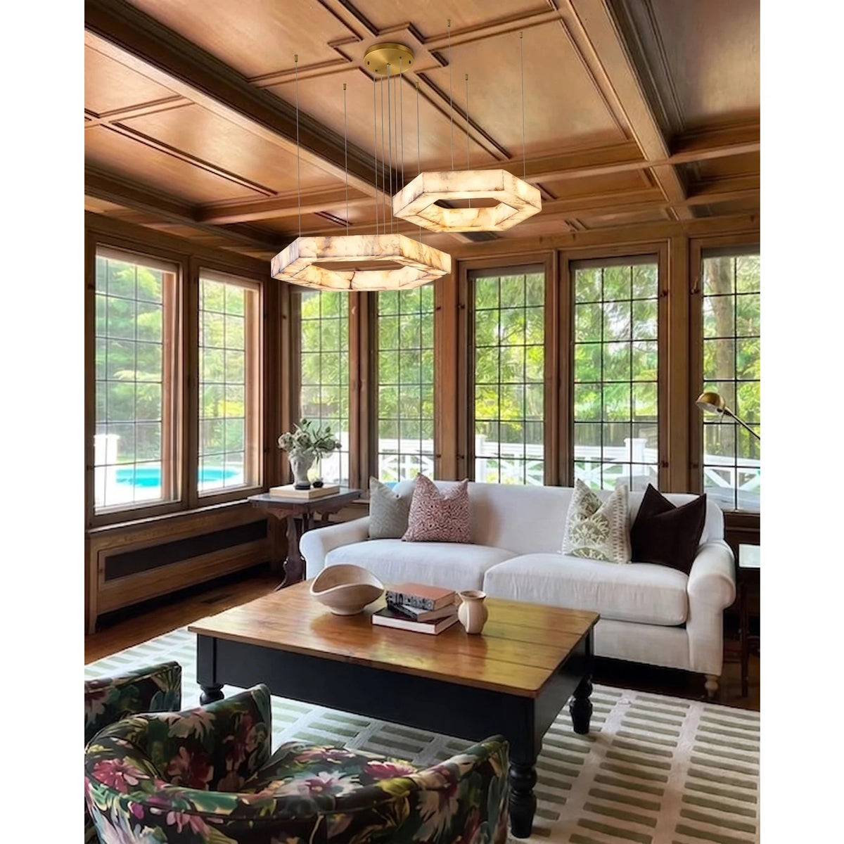 2-Tier Hexagon Chandelier in alabaster for Dining Room light fixture by AUVIELIGHT