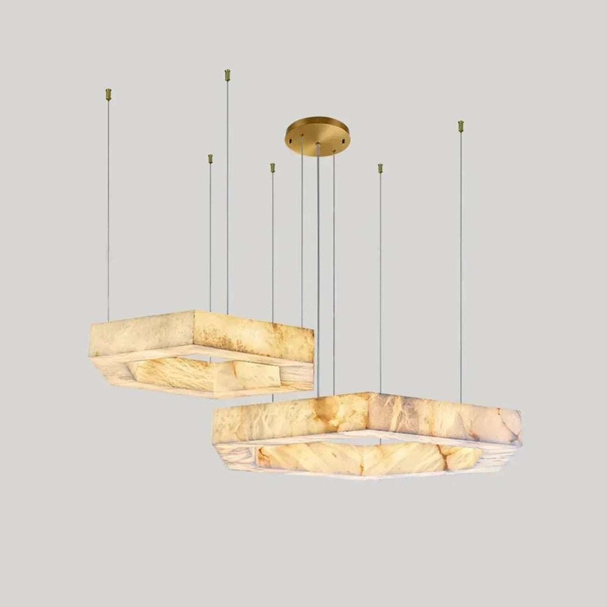 2-Tier Hexagon Chandelier in alabaster for Dining Room light fixture by AUVIELIGHT, Dia 80cm x H 8cm / ∅ 31.5″ x H 3.1″ / White+Gold
