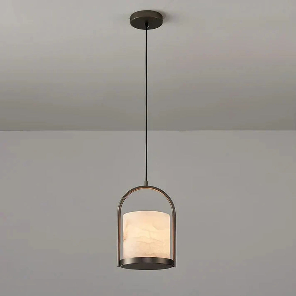 Arched Cylinder Pendant Light in alabaster for Kitchen Island by AUVIELIGHT, D 20cm x H 30cm / ∅ 7.9″ x H 11.8″ / Bronze ＆ White