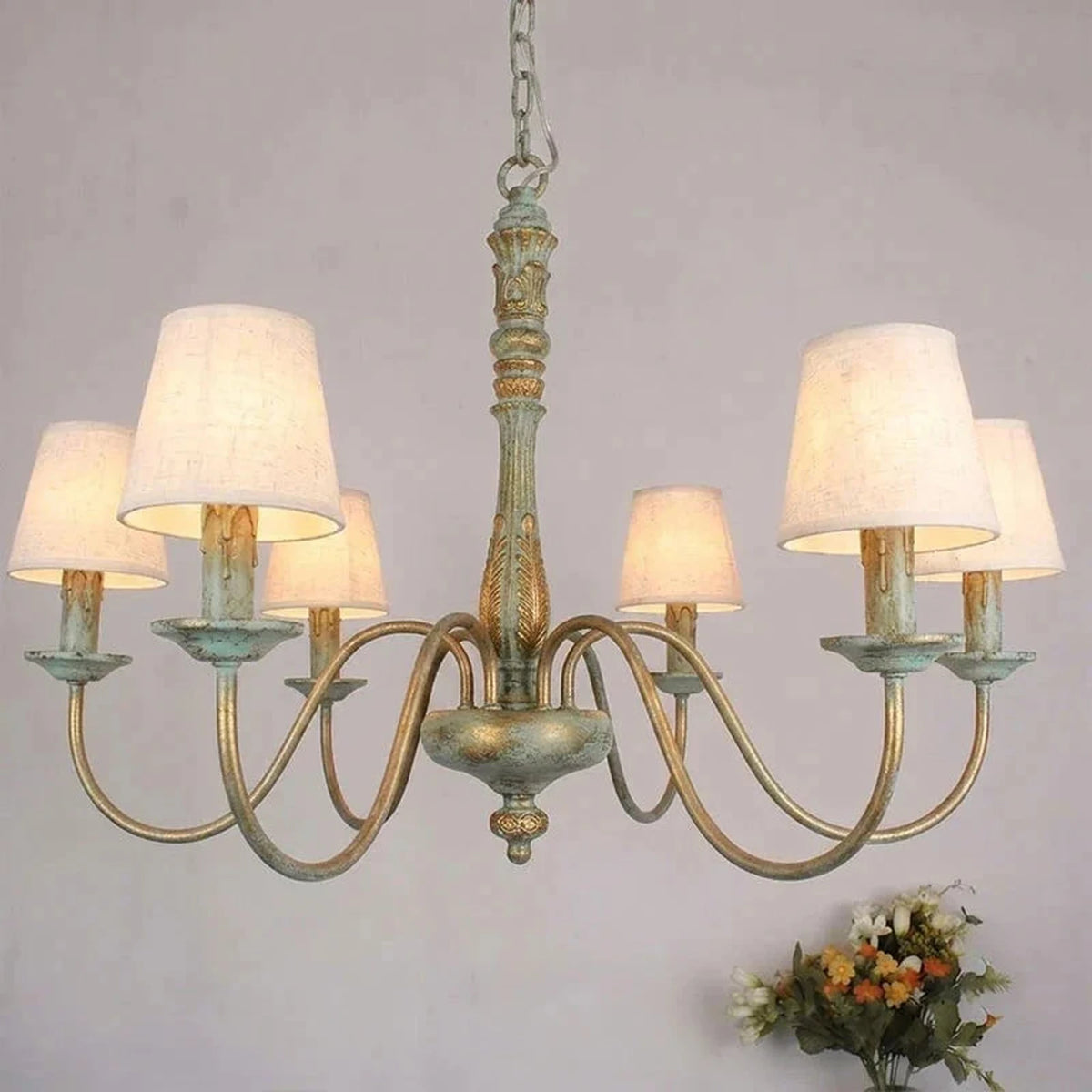 Baroque Distressed Candle Pendant Light for Kitchen Island by AUVIELIGHT, 6 heads D 70cm x H 50cm / ∅ 27.6″ x H 19.7″ / Gray green / With