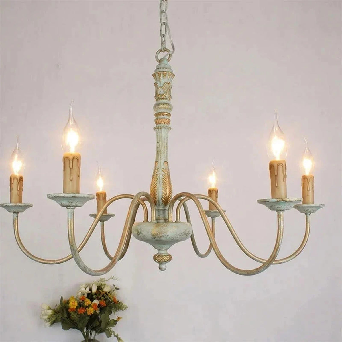 Baroque Distressed Candle Pendant Light for Kitchen Island by AUVIELIGHT, 6 heads D 70cm x H 50cm / ∅ 27.6″ x H 19.7″ / Gray green / Without