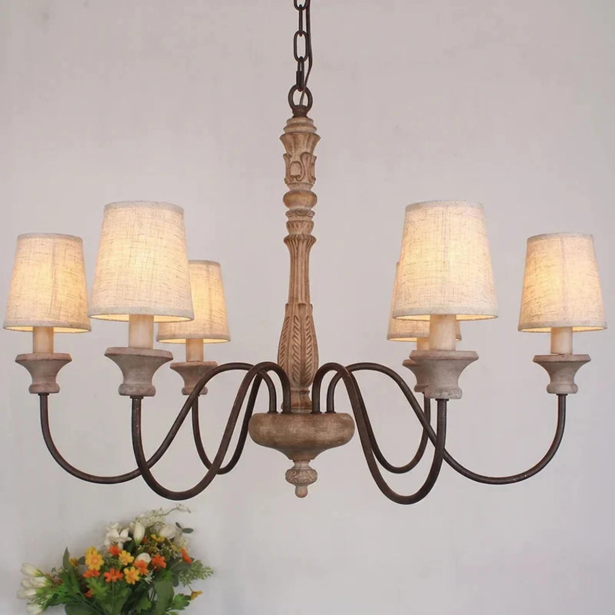 Baroque Distressed Candle Pendant Light for Kitchen Island by AUVIELIGHT, 6 heads D 70cm x H 50cm / ∅ 27.6″ x H 19.7″ / Old wood / With lampshade