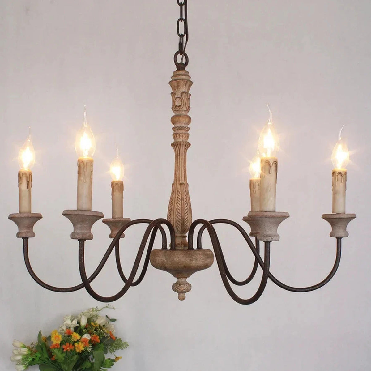 Baroque Distressed Candle Pendant Light for Kitchen Island by AUVIELIGHT, 6 heads D 70cm x H 50cm / ∅ 27.6″ x H 19.7″ / Old wood / Without