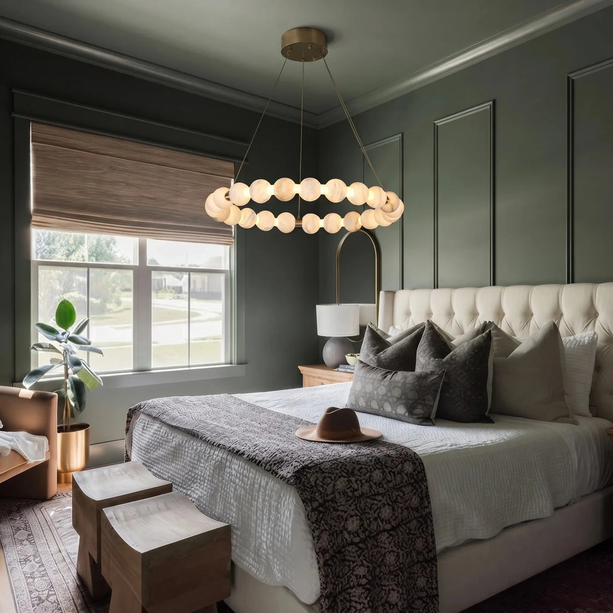 Bead Ring Chandelier in alabaster for Dining Room by AUVIELIGHT