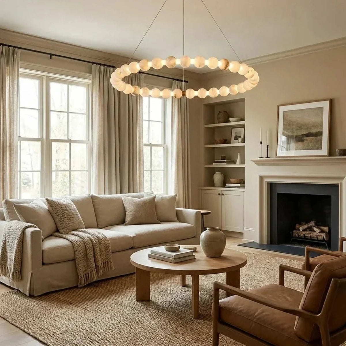 Bead Ring Chandelier in alabaster for Dining Room by AUVIELIGHT