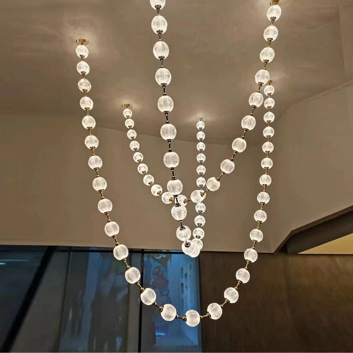 Beaded Strand Chandelier for Dining Room light fixture by AUVIELIGHT, 3 STRIPS 73 BALLS (GOLD+SILVER & CLEAR GLASS) / Warm Light