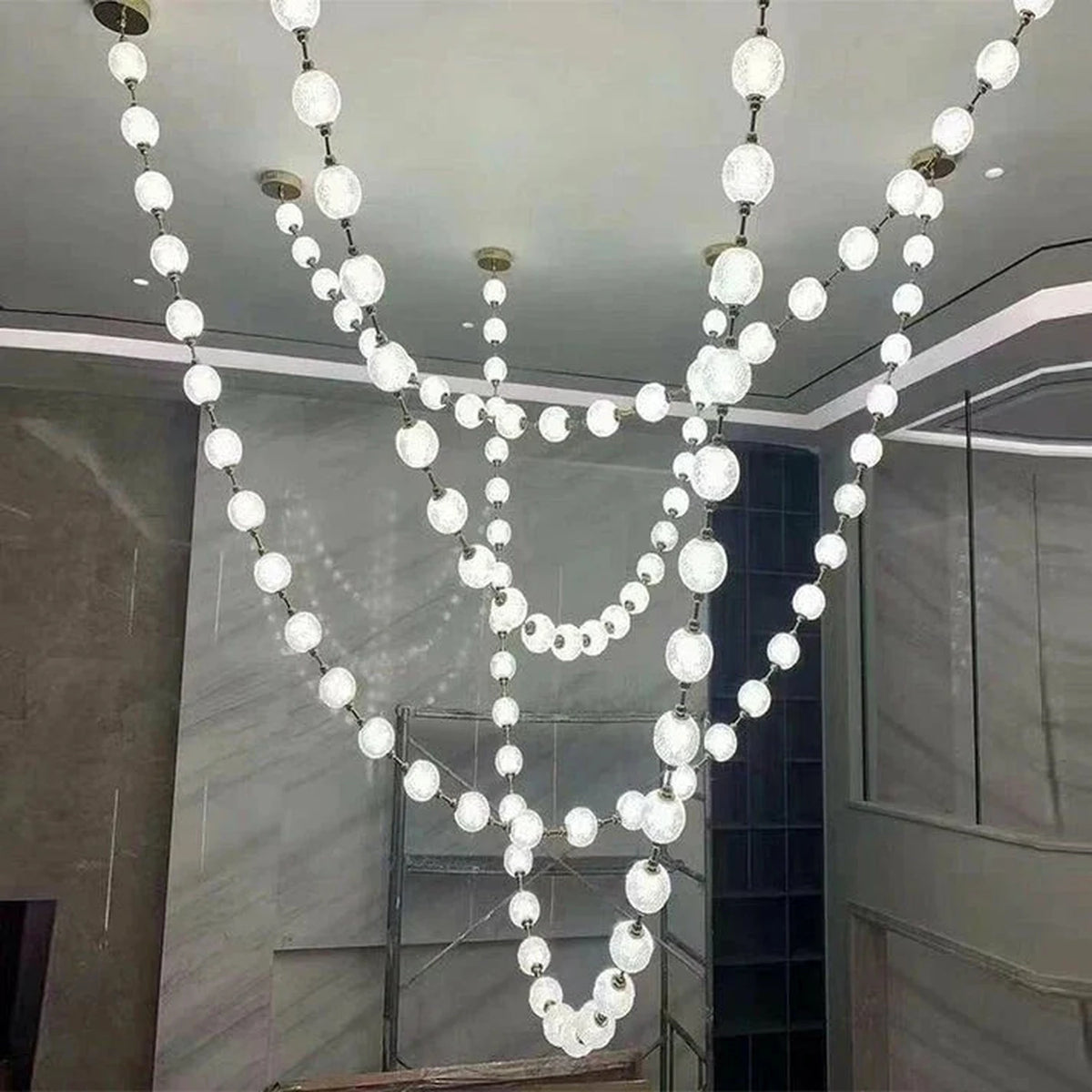 Beaded Strand Chandelier for Dining Room light fixture by AUVIELIGHT, 4 STRIPS 120 BALLS (GOLD+SILVER & CLEAR GLASS) / Warm Light