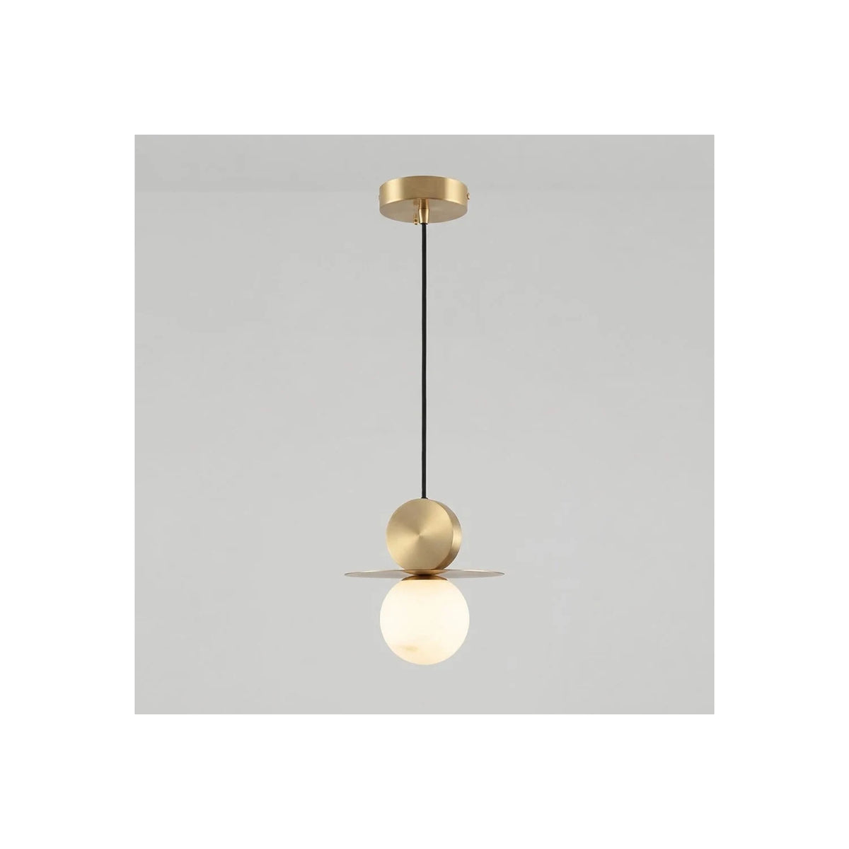 Brass Disc & Alabaster Globe Pendant Light by AUVIELIGHT, ∅ 8.7″ x H 9.1″ / Brass & White