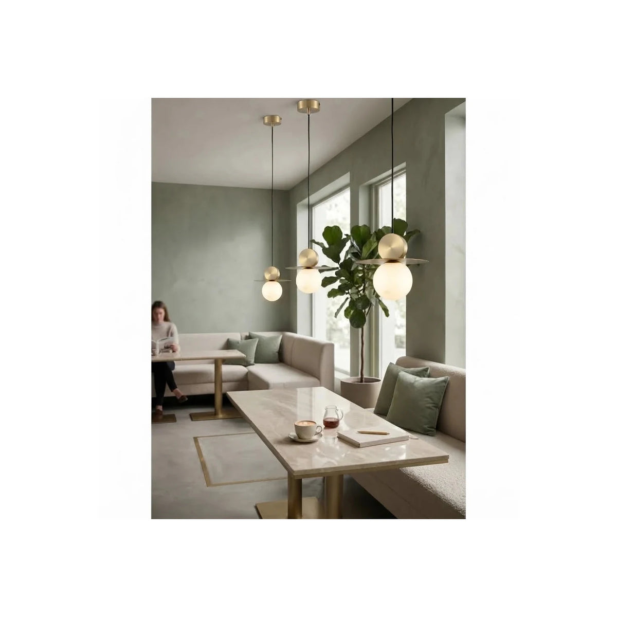 Brass Disc & Alabaster Globe Pendant Light by AUVIELIGHT