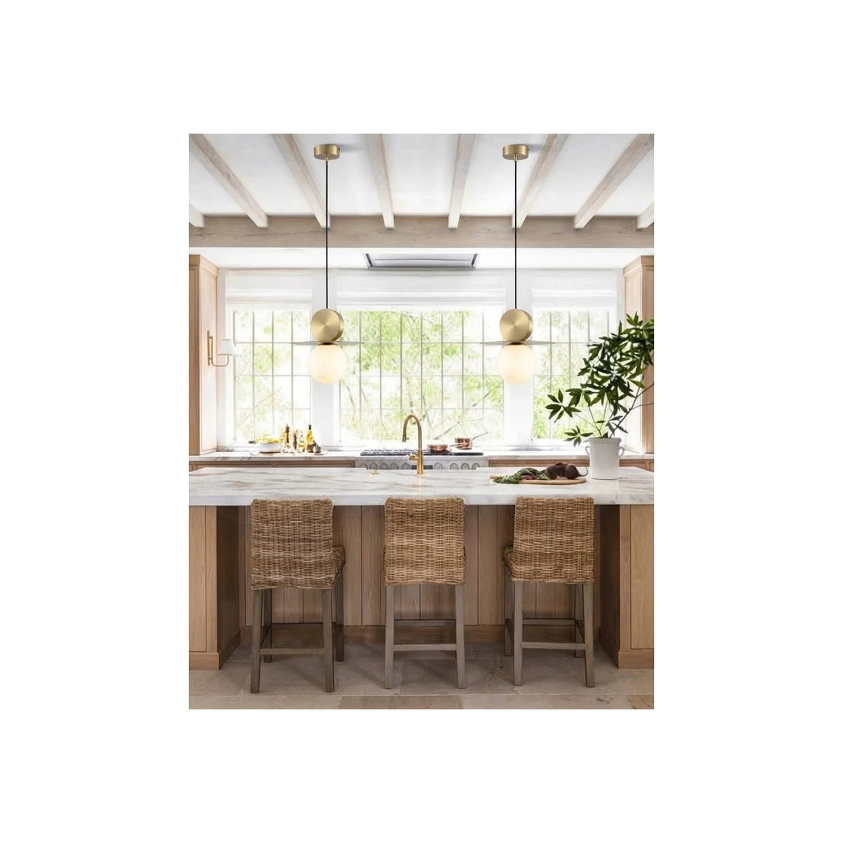 Brass Disc & Alabaster Globe Pendant Light by AUVIELIGHT