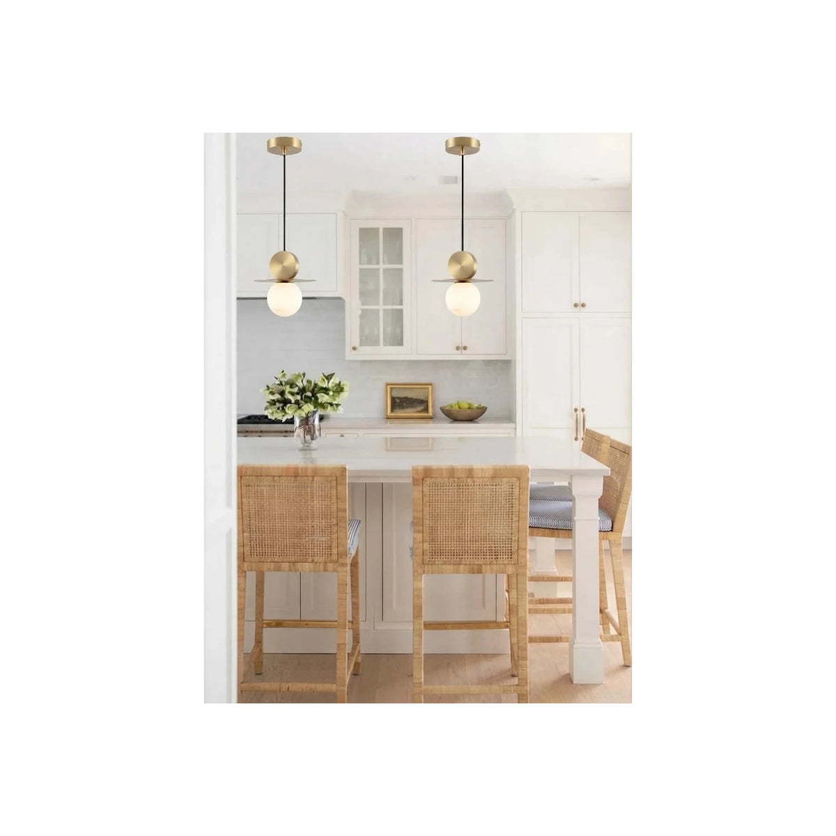 Brass Disc & Alabaster Globe Pendant Light by AUVIELIGHT