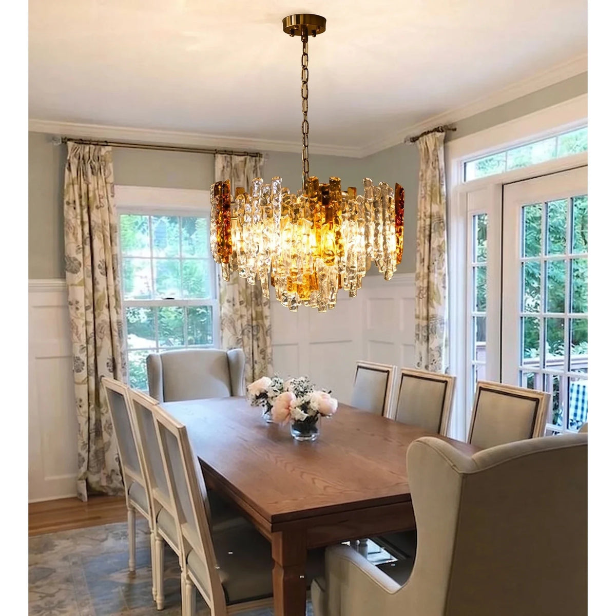 Brutalist Chandelier in amber ice glass for Dining Room by AUVIELIGHT