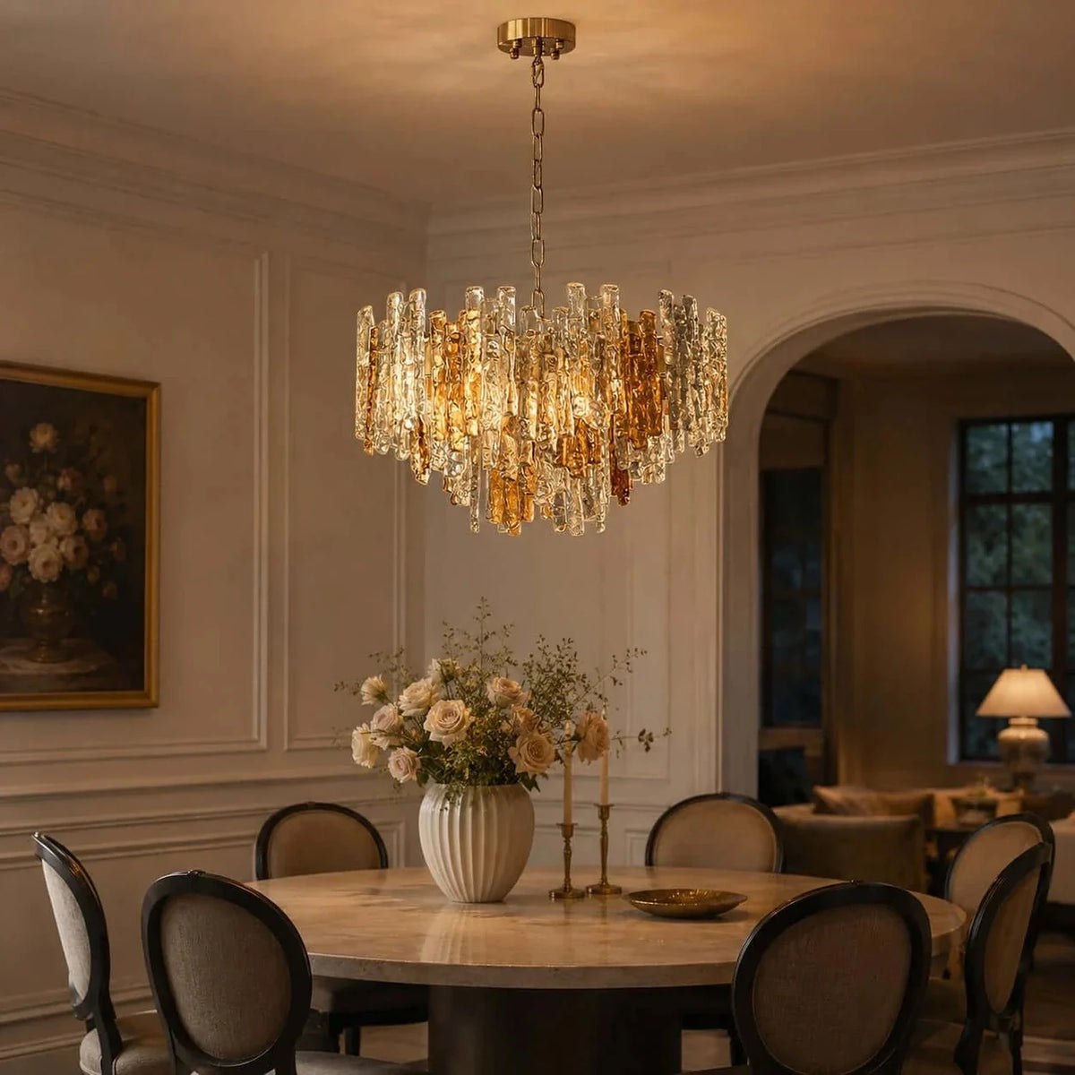 Brutalist Chandelier in amber ice glass for Dining Room by AUVIELIGHT